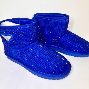 New Blue Rhinestone Embellished Fuzzy Boots w/ Silver Emblem & Faux Fur
